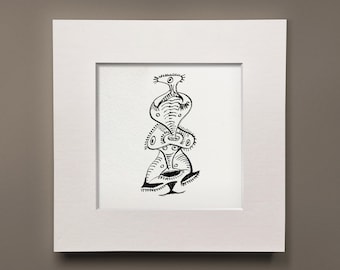 May include: A black and white abstract ink drawing of a stacked, biomorphic form, framed in a white mat and frame. The artwork features a series of interconnected shapes with detailed linework, set against a white background. The frame is square and the background is a neutral gray.