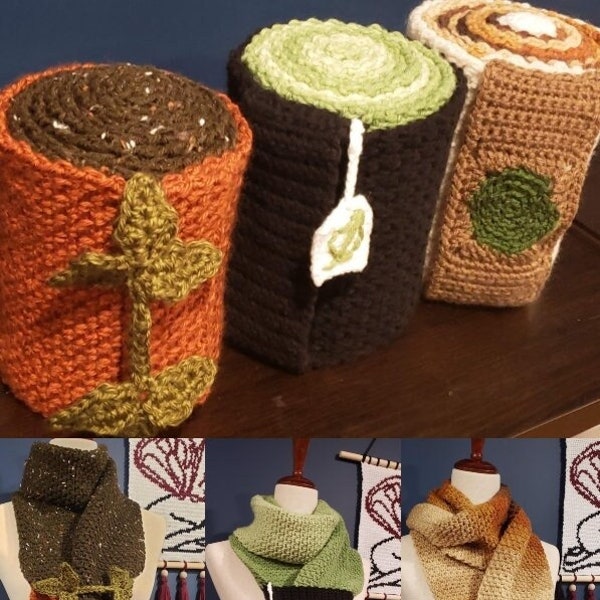 Cafe Scarves Crochet Pattern - Foulards alimentaires - Matcha, Moka et Pumpkin Spice Latte