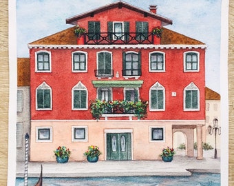 Venezia Red house Original Watercolor Painting Aquarelle