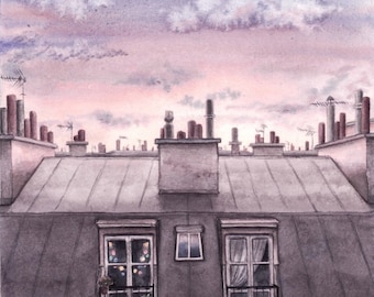 Paris Rooftops Watercolor Art Print: Bonsoir Paris, Signed 8x8