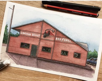 Custom business portrait, Watercolor personalized building portrait from photo, architecture