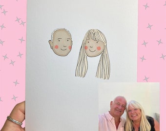 Personalised illustrated card for Valentines, Hand drawn gift for spouse, portrait card for husband, wife, boyfriend, girlfriend, handmade