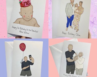 Personalised birthday card for mum, dad, son, daughter, nan, Grandad, hand drawn portrait card, 21st, 30th, hand painted birthday card