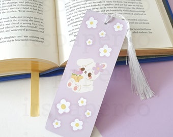 Lavender Flowers Bookmark (Luna) - Digital Art, Illustration, Cottagecore, Floral Bookmark, Bunny Bookmark