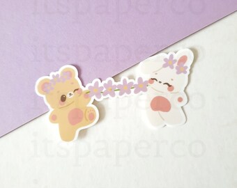 Luna & Caramel Bear Flower Chain Vinyl Sticker - Cute Vinyl Sticker, Waterproof Sticker, Laptop Sticker, Bottle Sticker, Kawaii Vinyl