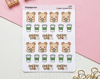 Coffee Time Bear Sticker Sheet - Planner Stickers, Bullet Journal Stickers, Coffee Lover Stickers, Coffee Stickers, Caffeine - N039