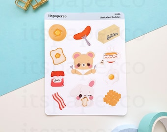 Breakfast Sticker Sheet - Planner Stickers, Journal Stickers, Bunny Stickers, Cute Stickers, Bear Stickers, Kawaii Stationery - N096
