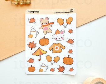 Autumn Sticker Sheet - Planner Stickers, Journal Stickers, Bunny Stickers, Cute Stickers, Bear Stickers, Autumn Stickers - N095