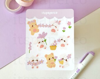 Lavender Flowers Sticker Sheet - Kawaii Cottagecore Stickers, Cute Bear Stickers, Cute Bunny Stickers, Floral Deco Stickers, Planner Sticker