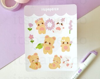 Lavender Flowers Sticker Sheet - Kawaii Cottagecore Stickers, Cute Bear Stickers, Cute Bunny Stickers, Floral Deco Stickers, Planner Sticker