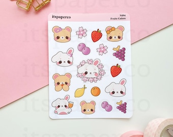 Fruits Galore Sticker Sheet - Planner Stickers, Journal Stickers, Bunny Stickers, Cute Stickers, Bear Stickers, Kawaii Stationery - N094