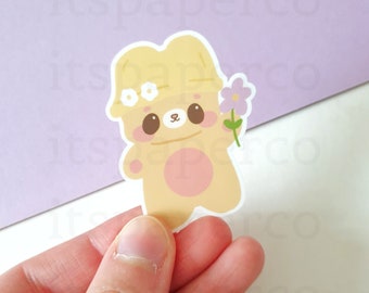 Yellow Hat Caramel Bear Vinyl Sticker - Laptop Sticker, Bottle Sticker, Kawaii, Cute Bear Sticker, Floral Sticker, Garden Sticker