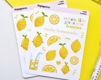 Cute Lemons Sticker Sheet - Planner Stickers, Bullet Journal Stickers, Lemon Stickers, Cute Stickers, Fruit Stickers, Food Stickers -C020