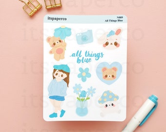 All Things Blue Sticker Sheet - Planner Stickers, Journal Stickers, Blue Stickers, Kawaii Stickers, Cute Stickers, Planner Stationery