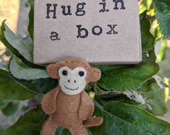 Hug in a box, monkey gift, felt monkey, mental health gift, depression, anxiety, get well soon