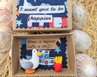 Seagull gift, I want you to be happier than a seagull with a chip, happiness, positive gift, clay seagull, mental health, depression, friend