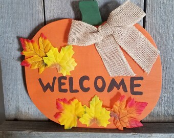 A Wooden Pumpkin, Orange pumpkin, Welcome Sign, Fall pumpkin, Autumn pumpkin, Wall hanging, Wall Decor, Welcome pumpkin