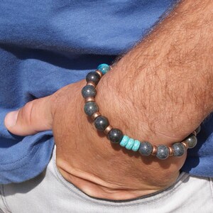 Mens Beaded Bracelet Blue Green Beaded Bracelet Serpentine Turquoise Sea Jasper Bracelet Healing Stones Gemstone Bracelet Stretch Coil 10mm