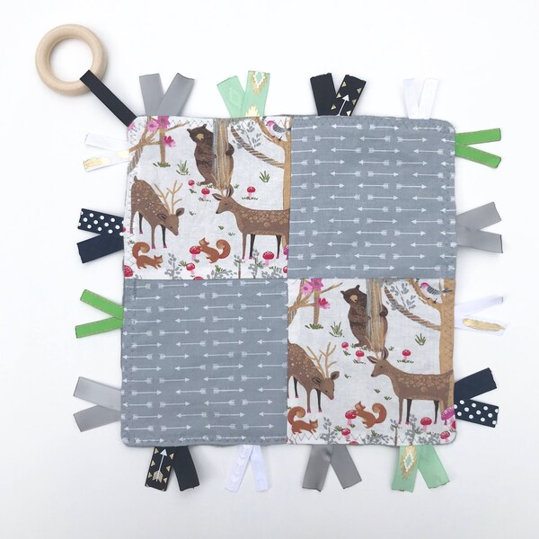 Custom Order*** Mini Tag Security Quilt Blanket- Lovie- Lovey- Deer Pattern- Baby Shower Gift- Teether- Wooden Ring- Teething- Tagged