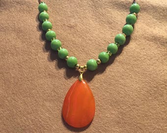 Gemstone and leather necklace, orange and green with brown leather necklace, plus size necklace