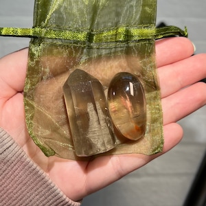 Set of 2 Mini High Grade Grey Phantom Quartz and Orange Amphibole Inclusion Quartz Tower and Pebble