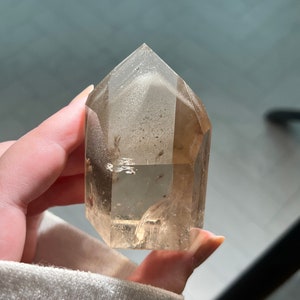 Extra High Grade Polished Phantom Smokey Quartz Crystal Tower with Layered Light Taupe Chlorite and Smokey Phantom Inclusions