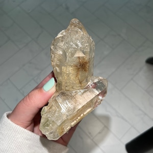 High Grade Glossy Himalayan Quartz Cluster with Thick Gold Rutile Star and Silvery 3D Chlorite Phantom Inclusions