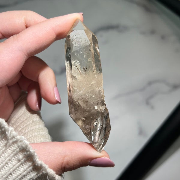 Unusual High Quality Rutilated Quartz Partial Polished Double Terminated Crystal with Thick Metallic Silver Rutile Inclusions