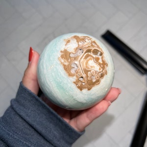 Large Beachy Shades of Light Aqua Blue Caribbean Calcite/Aragonite Polished Sphere