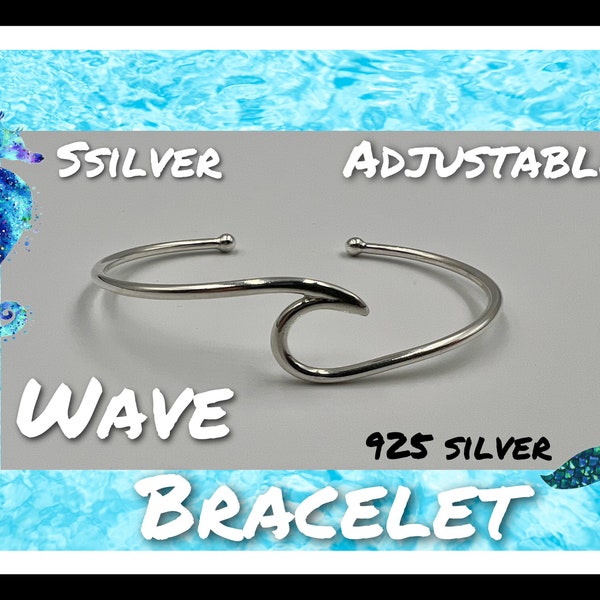 Sterling Silver Wave Cuff Bracelet- 925 Handmade Adjustable- Free Shipping- New Updated listing