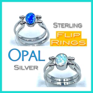 Sterling 925 Silver- Blue and White Opal -Flip Ring- Handmade