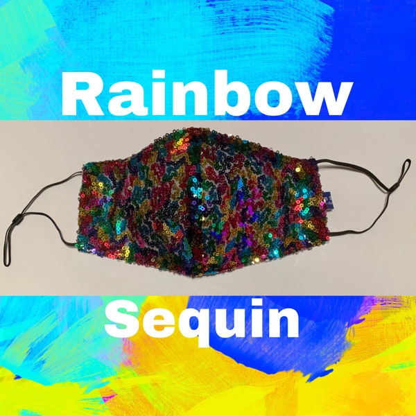 Rainbow Sequin Glitter Mask- Adjustable Adult Cotton- 3ply Washable with filter with Nose Wire