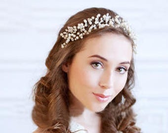 Tiara Headpiece, Rhinestone Tiara, Crystal Headpiece, Swarovski Headpiece, Wedding Headpiece, Bridal Headband, Silver wreath, Pearls wreath