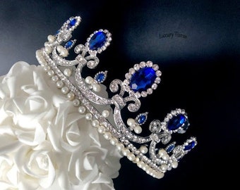 Crystal Wedding Tiara, Bridal Tiara, Luxury Crown, Princess Tiara, Wedding Tiara, Crystal Wedding Crown, Blue Stone Crown, Blue Luxury Tiara