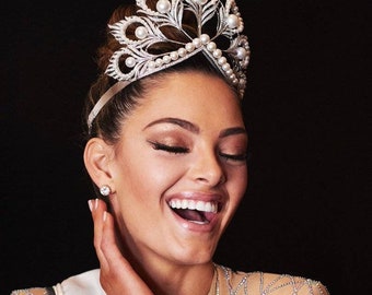 Tiara nupcial de cristal Swarovski, corona de flores con cuentas de perlas