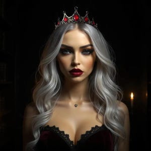 Red and Black Stone Bridal Tiara, Gold Plated Halloween Crown