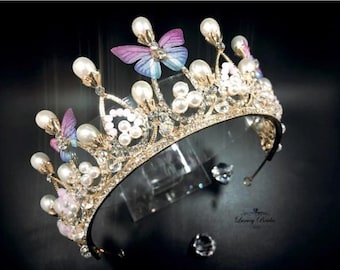 Butterfly Wedding Tiara, Gold Crystals and Pearls, Beaded Bridal Crown