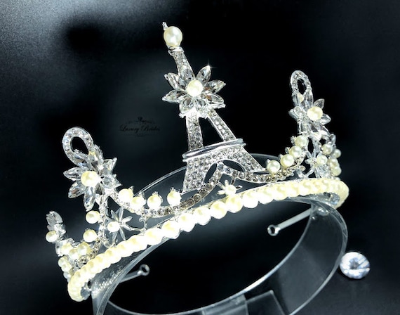 Pearl Bridal Tiara, Silver Crystal Wedding Crown, Paris  display picture 2