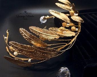Gold Bridal Leaf Tiara, Bridal Leaf Headband, Bridal Leaf Crown, Leaf Wedding Tiara, Leaf Headpiece, Leaf Headband,Golden Leaves Tiara