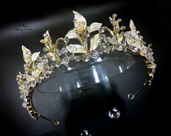 Swarovski Bridal Tiara, Wedding Bridal Crown, Light Gold Crystal Tiara, Wedding Bridal Tiara, Tiaras For Brides, Luxury Tiara, Leaves Tiara