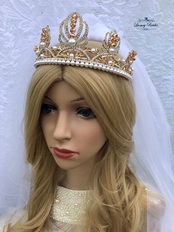 Gold Wedding Tiara, Swarovski Crystals and Faux Pearls  display picture 2