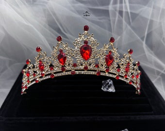 Diadème de mariée, diadème en cristal Swarovski, diadème en or, diadème de mariage, couronne de mariage en cristal, diadème de pierres rouges, couronne de luxe, couronne de mariage rouge