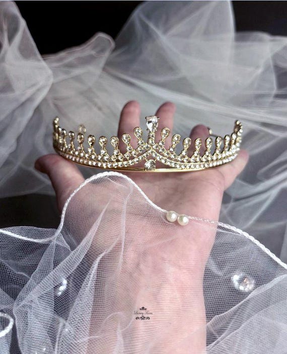 Swarovski gold crystal crown tiara Lorenza - Royal Gold Swarovski Crystal Tiara – Bella-Tiara main image 2