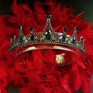 Può includere: Una corona nera tempestata di gioielli con accenti dorati su uno sfondo di piume rosse.