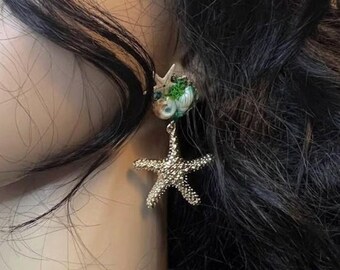 Real Seashell Starfish Earrings, Australian Seashells, Moss, Gold, Beach Jewelry