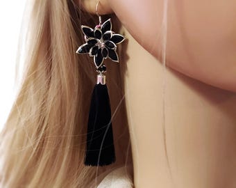 Black Tassel Earrings, Black Tassel Jewelry, Fringe Earrings, Black Tassel Earrings, Bohemian Earrings, Boho Chic Earrings, Crystal Earrings