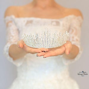 Tiara de novia de perlas, corona de novia para bodas, tiara de cristal plateado, tiara de novia para bodas, tiaras para novias, tiara de boda de lujo
