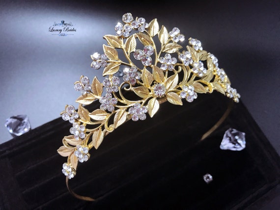 Crystal Gold Wedding Tiara, Rhinestone Leaves Headpiece - Etsy display picture 3