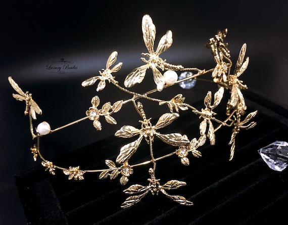 Gold Butterfly Bridal Headband, Swarovski Crystal Wedding  display picture 3