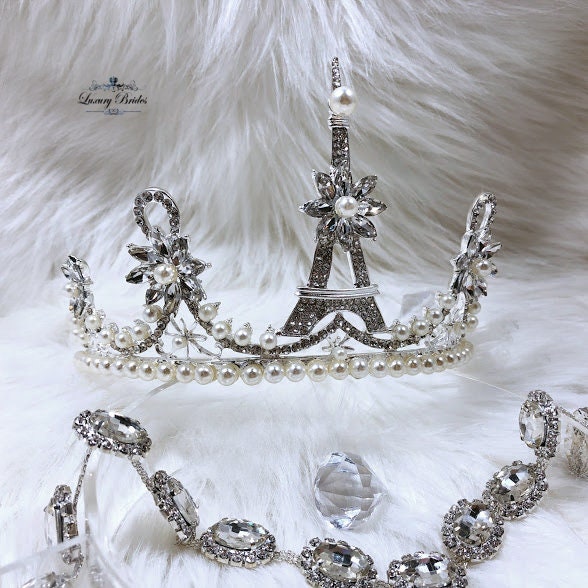 Pearl Bridal Tiara, Silver Crystal Wedding Crown, Paris 